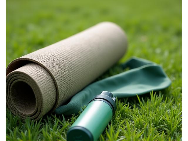 Close-up of a durable outdoor yoga mat rolled up on grass, next to a water bottle and strap, showcasing outdoor gear.