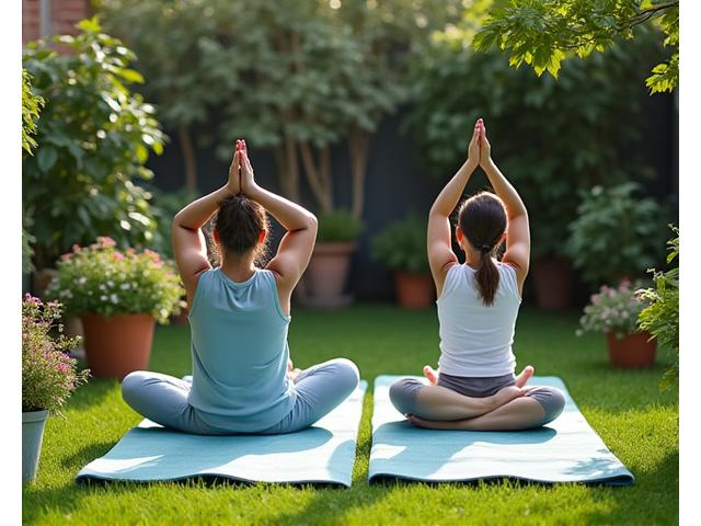 Children and parents doing yoga in a lush backyard garden