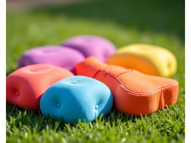 Colorful child-sized yoga blocks and straps on a sunny lawn