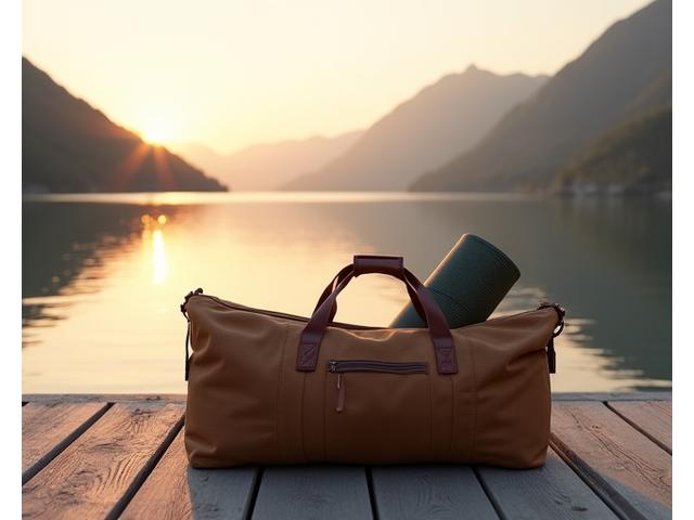 Stylish yoga bag resting on a wooden deck overlooking a mountain lake
