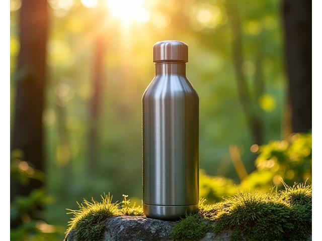 Silver Insulated Yoga Bottle on a mossy rock in a sunny forest