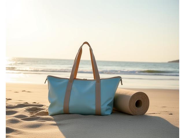 A ZenOutdoors yoga bag on a sandy beach next to a yoga mat, illustrating sand-resistant materials and quick-drain features for coastal yoga.