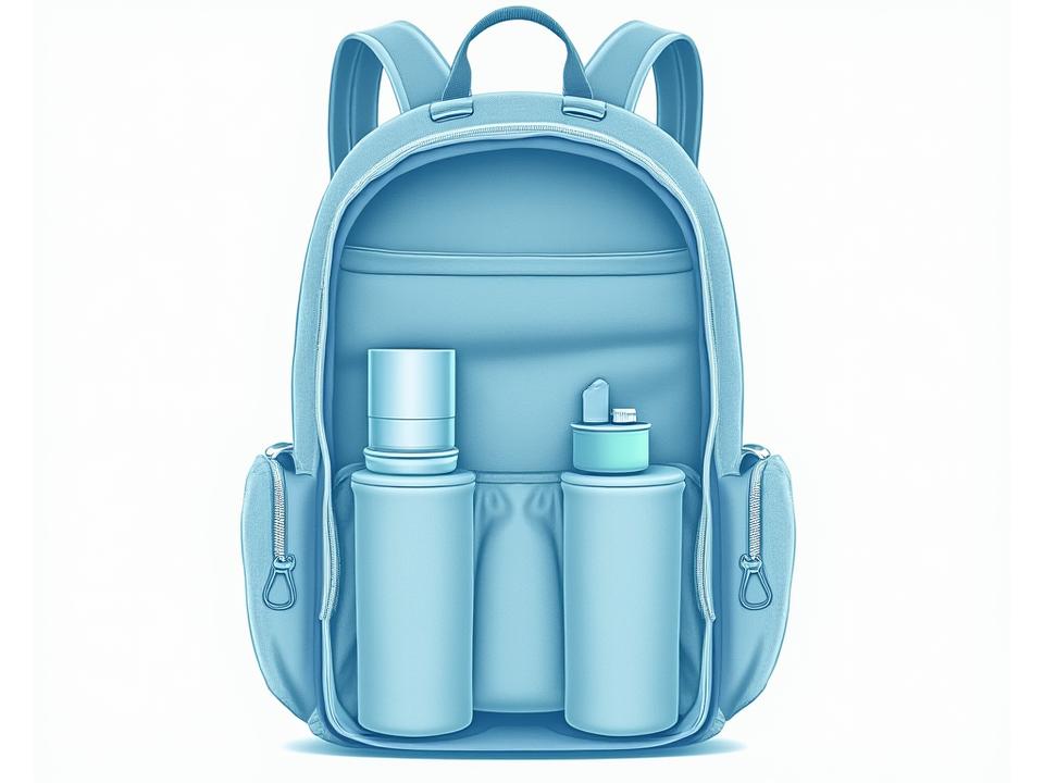 An x-ray style diagram illustrating the interior compartments of a ZenOutdoors yoga bag, showing space for mat, blocks, strap, water bottle, and personal items, highlighting waterproof and tech-safe sections.